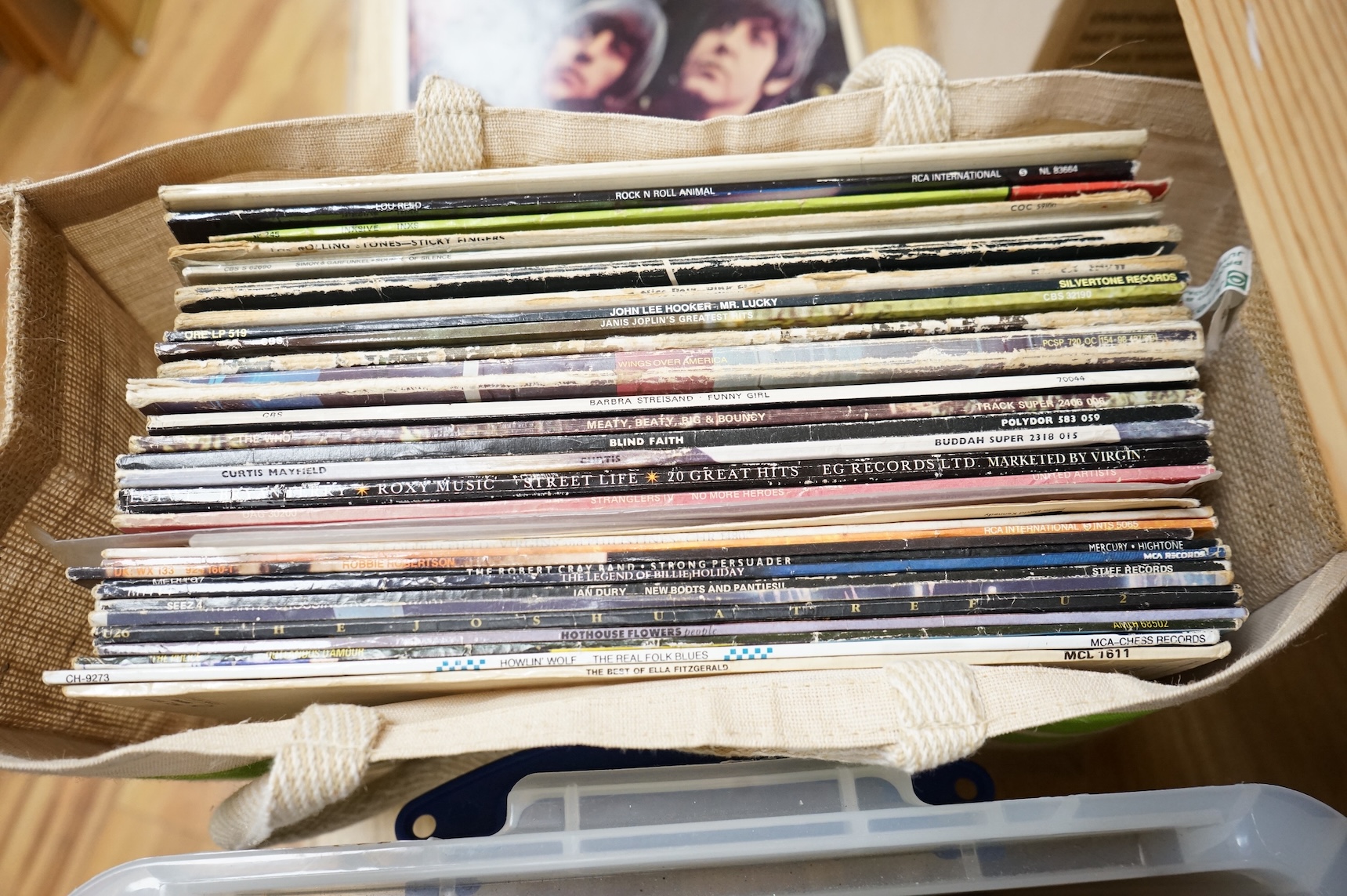 Fifty rock and pop LP record albums, including an early pressing of The Kinks first album, together with artists including; The Who, Fleetwood Mac, Rare Earth, Hot Chocolate, Rod Stewart, David Bowie, Patti Smith, Steve